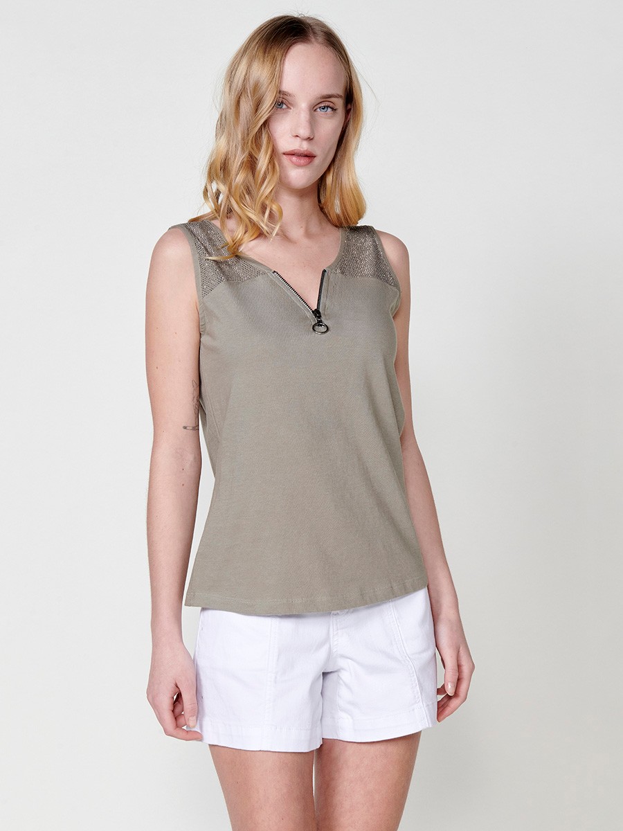 Cotton Top with V-neck and zipper with a front yoke with shiny details and a detail on the neckline with a metallic zipper with a ring in Khaki for Women