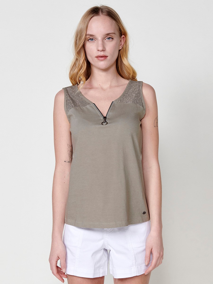 Cotton Top with V-neck and zipper with a front yoke with shiny details and a detail on the neckline with a metallic zipper with a ring in Khaki for Women 1