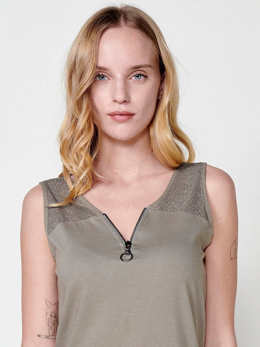 Cotton Top with V-neck and zipper with a front yoke with shiny details and a detail on the neckline with a metallic zipper with a ring in Khaki for Women 3