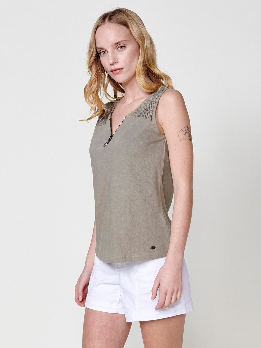 Cotton Top with V-neck and zipper with a front yoke with shiny details and a detail on the neckline with a metallic zipper with a ring in Khaki for Women 2