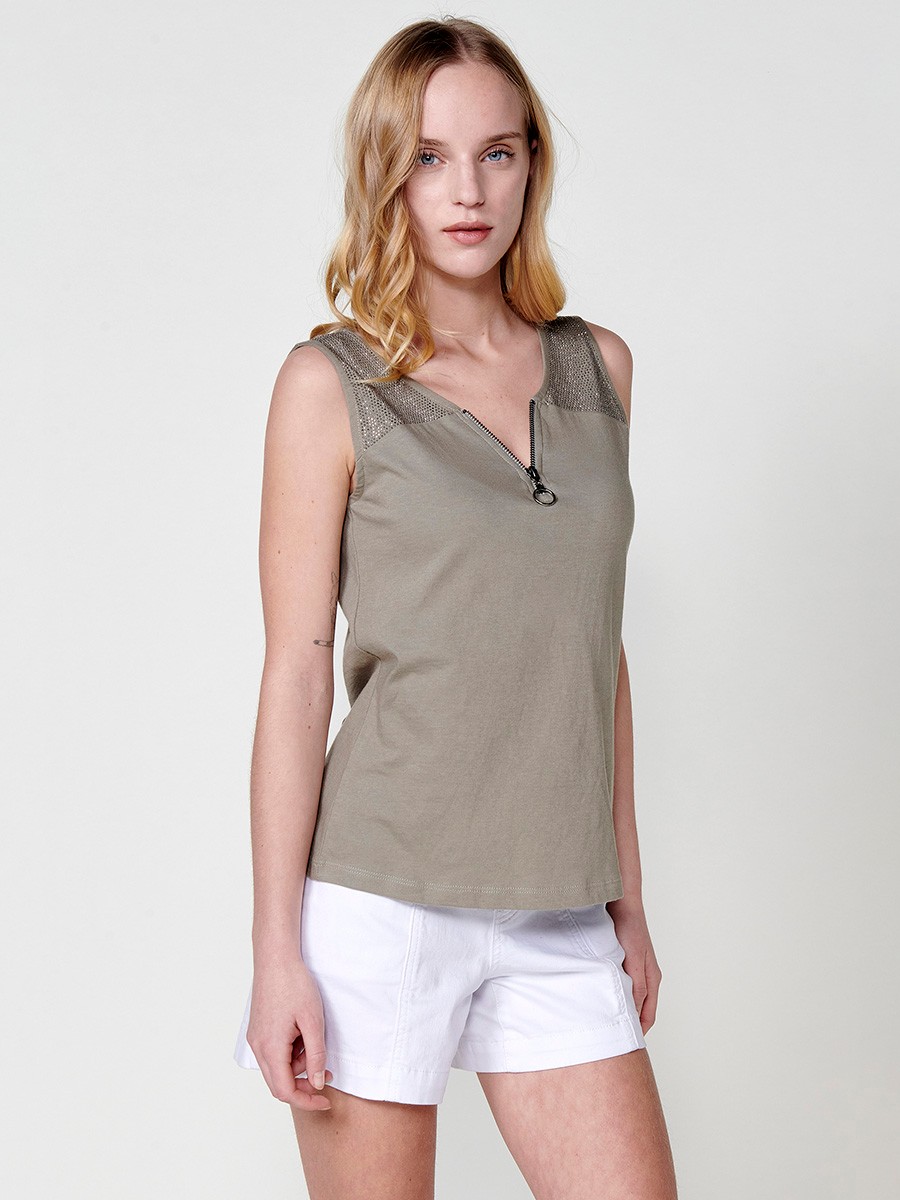 Cotton Top with V-neck and zipper with a front yoke with shiny details and a detail on the neckline with a metallic zipper with a ring in Khaki for Women 4