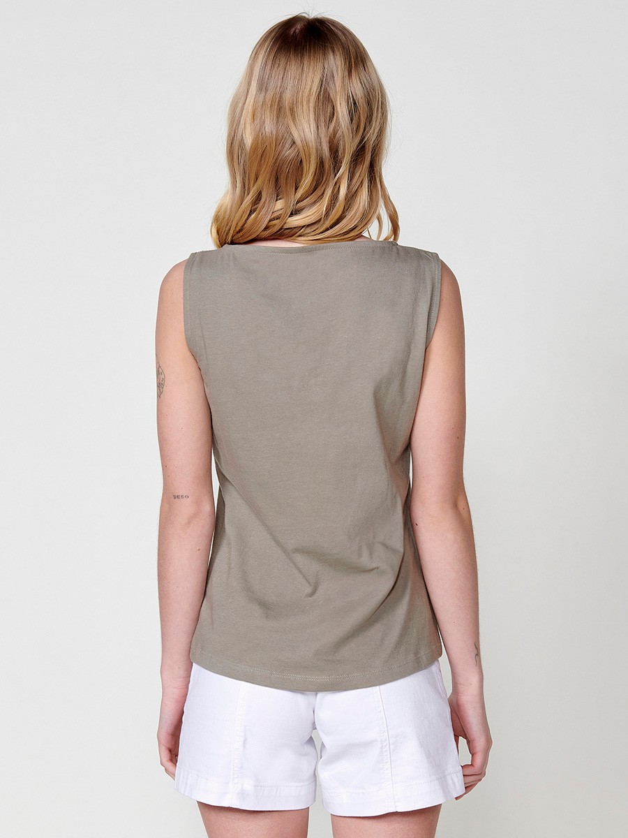 Cotton Top with V-neck and zipper with a front yoke with shiny details and a detail on the neckline with a metallic zipper with a ring in Khaki for Women 6