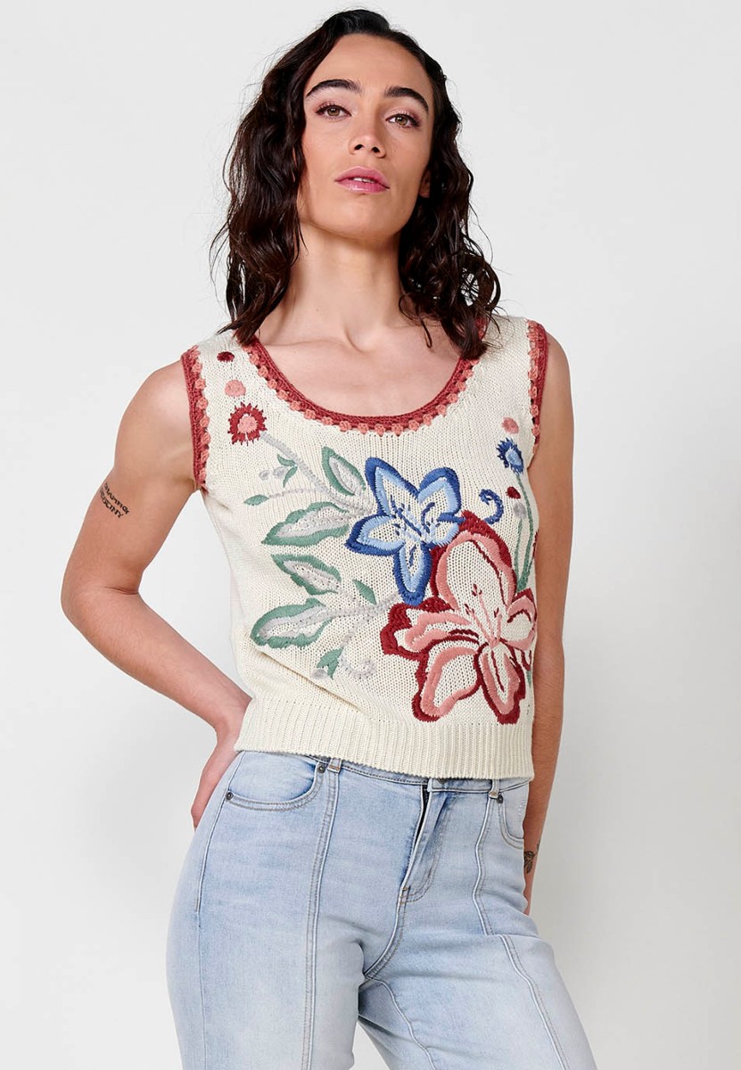 Top de tirantes tricot con Detalle delantero floral color Crudo para Mujer