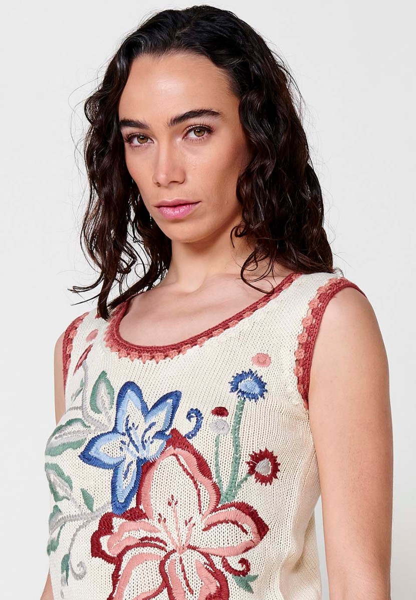 Top de tirantes tricot con Detalle delantero floral color Crudo para Mujer