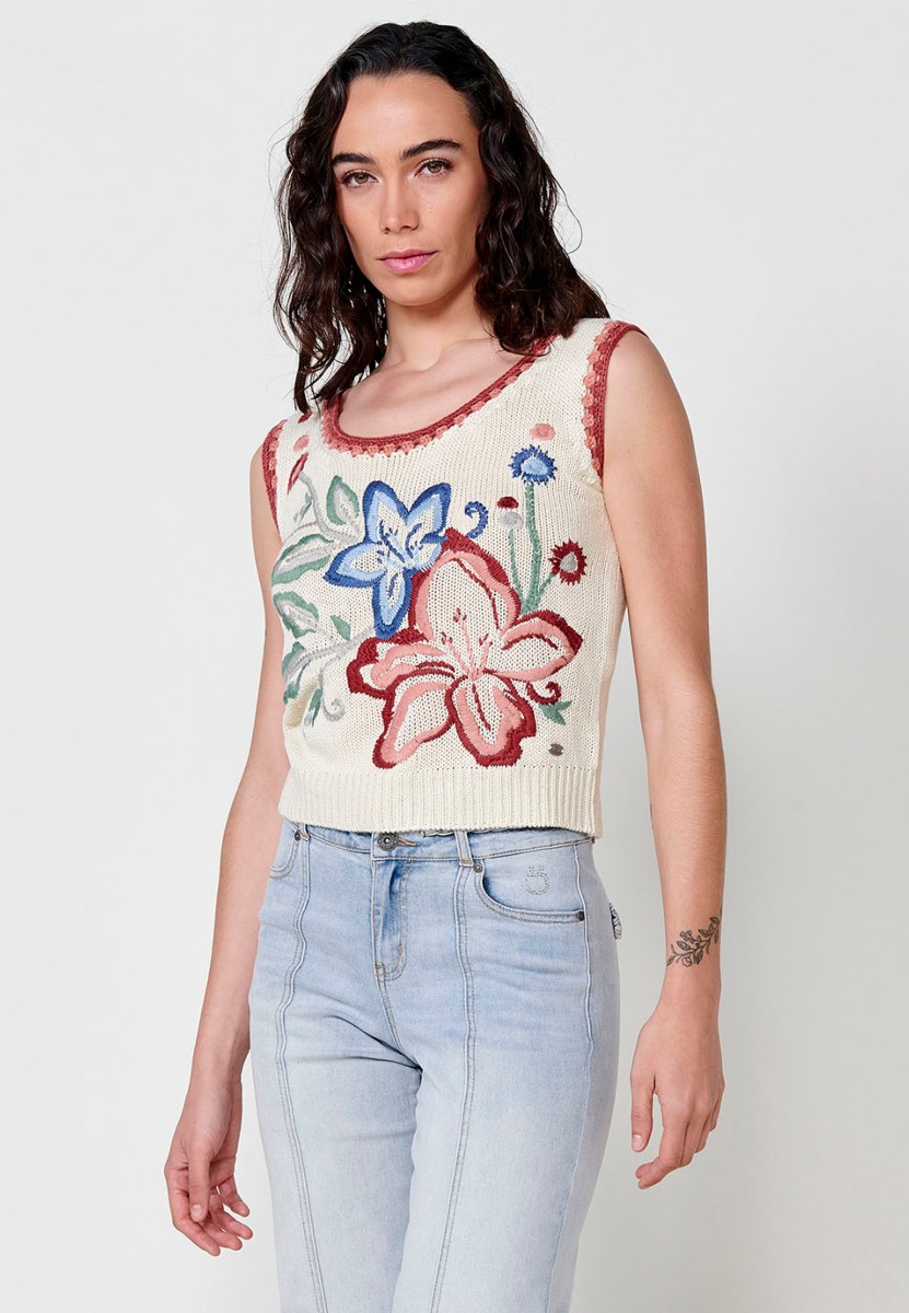 Top de tirantes tricot con Detalle delantero floral color Crudo para Mujer