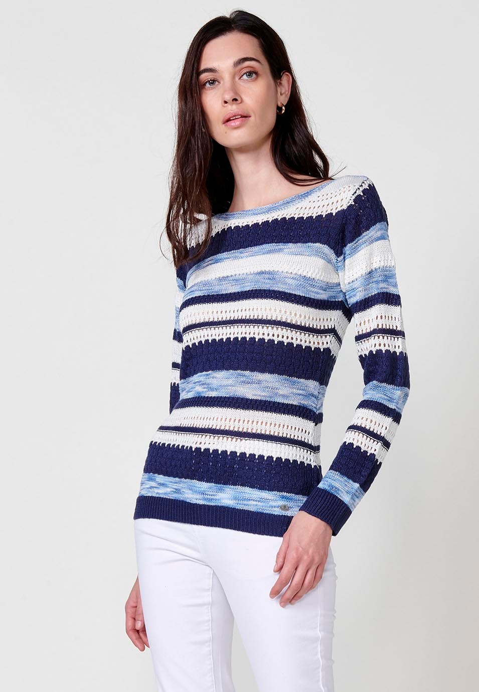 Langärmeliger Trikotpullover mit Rundhalsausschnitt für Damen in Marineblau