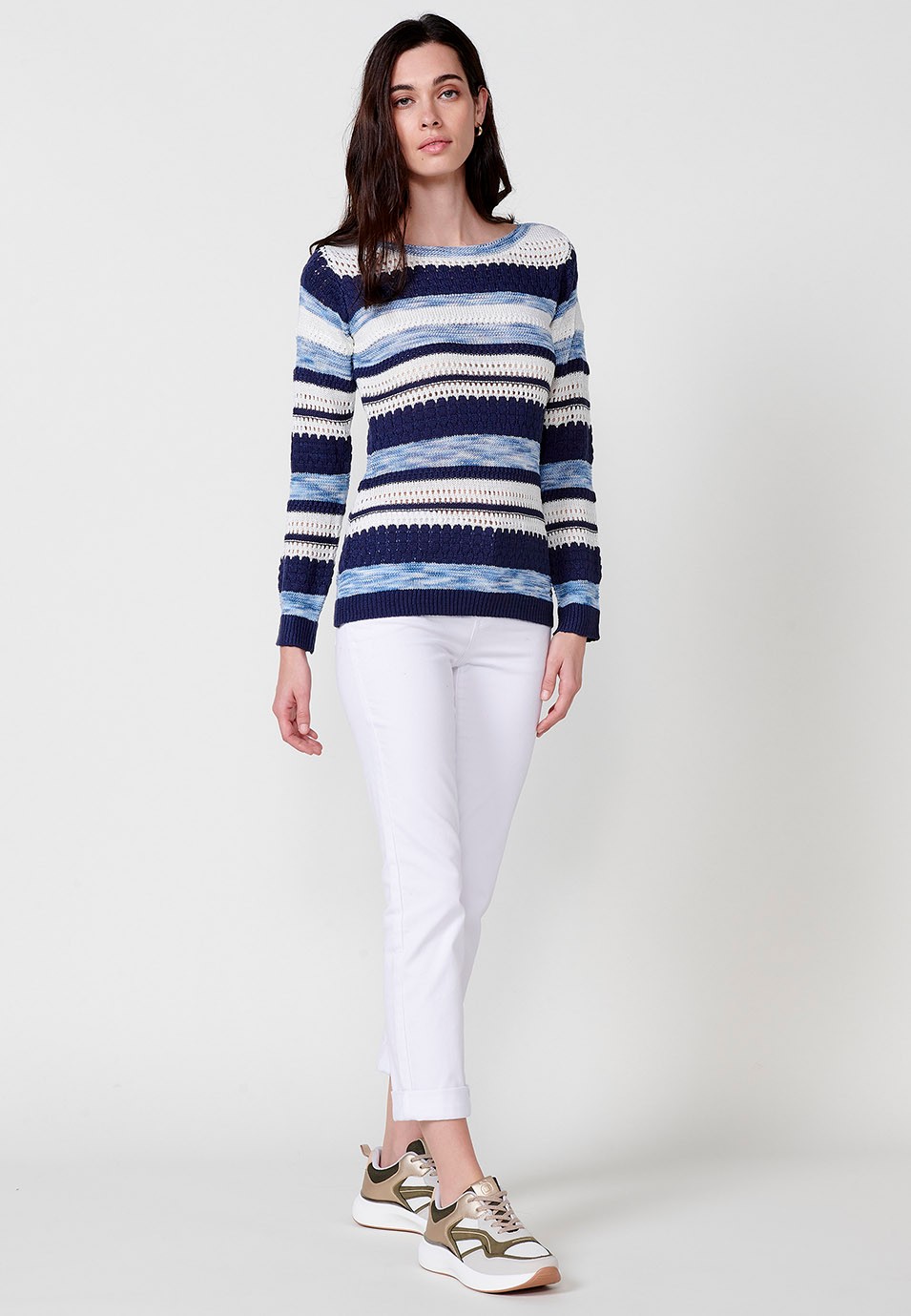 Langärmeliger Trikotpullover mit Rundhalsausschnitt für Damen in Marineblau