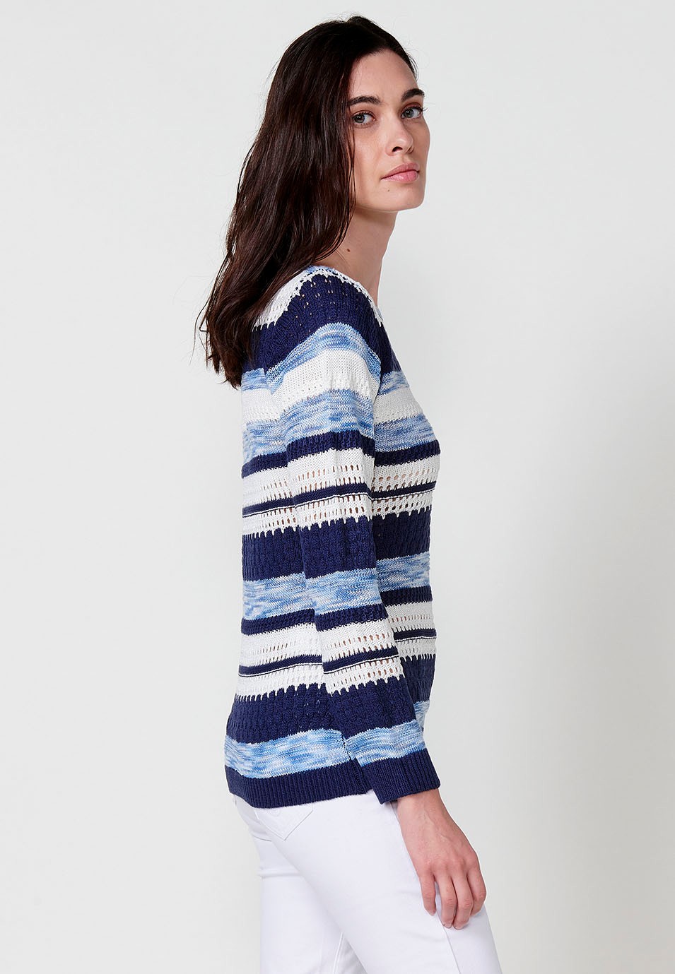 Langärmeliger Trikotpullover mit Rundhalsausschnitt für Damen in Marineblau