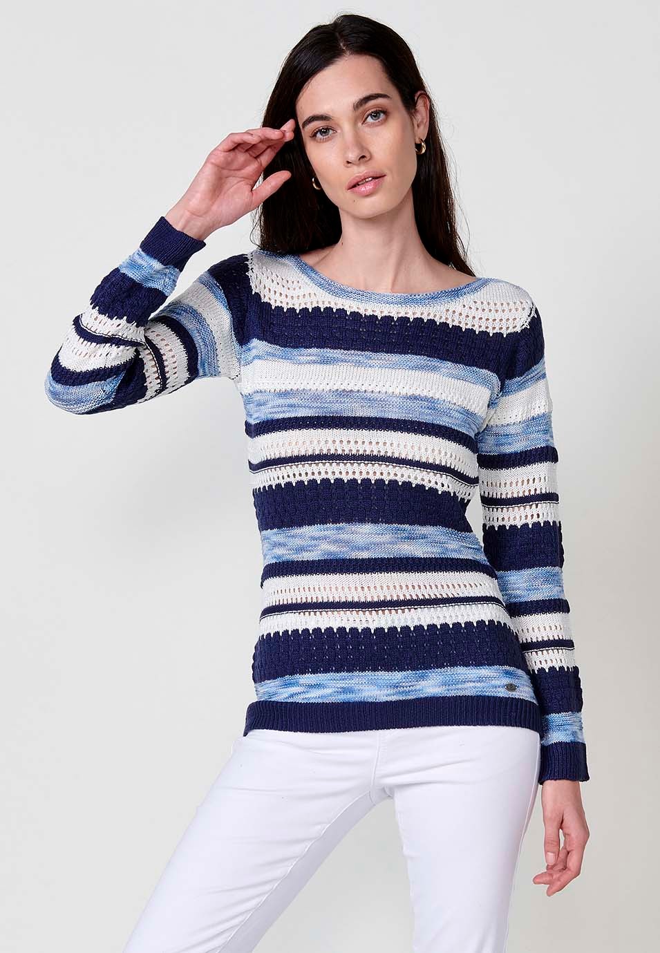 Langärmeliger Trikotpullover mit Rundhalsausschnitt für Damen in Marineblau