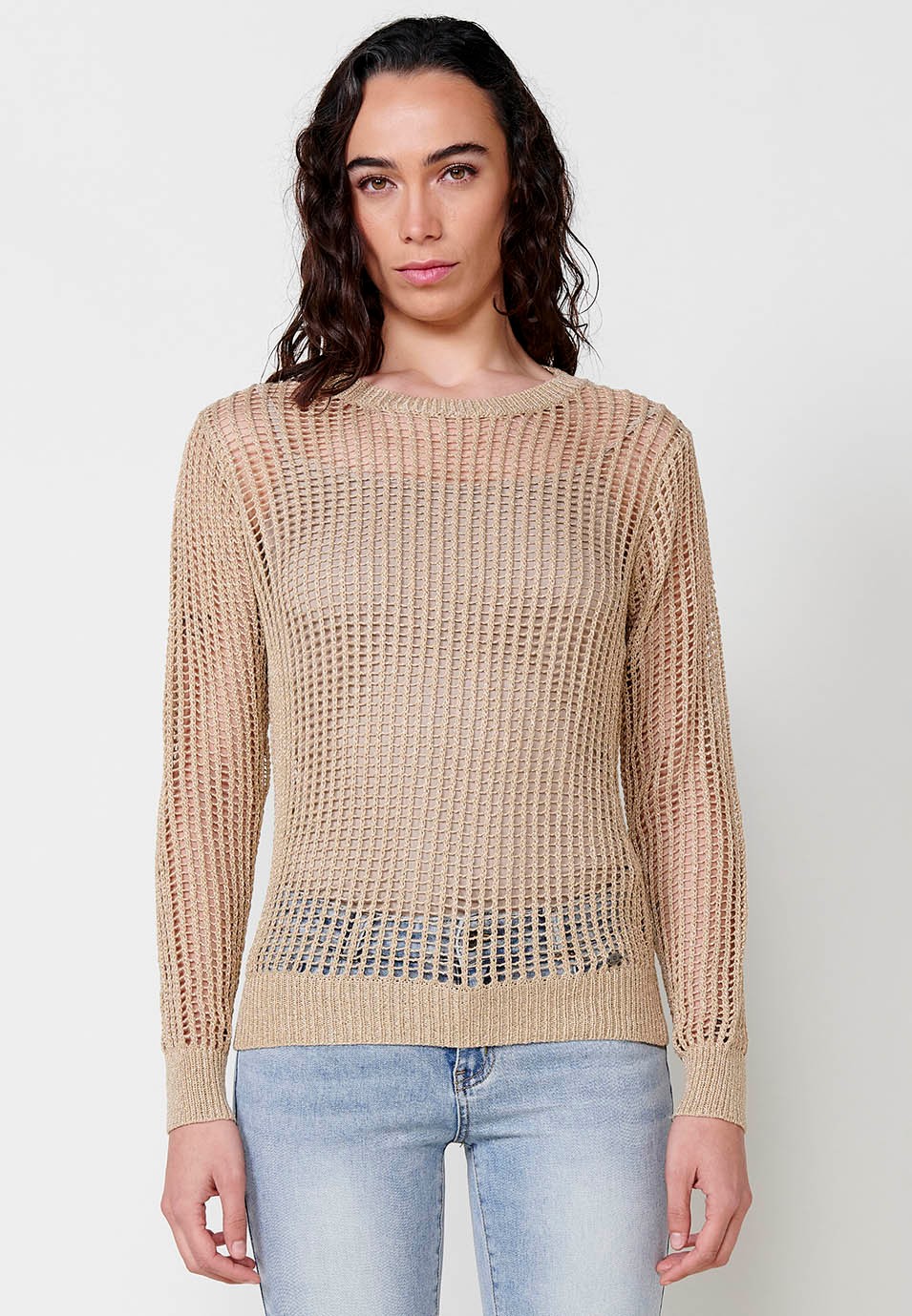 Pull en tricot à manches longues et col rond pour femme de couleur camel