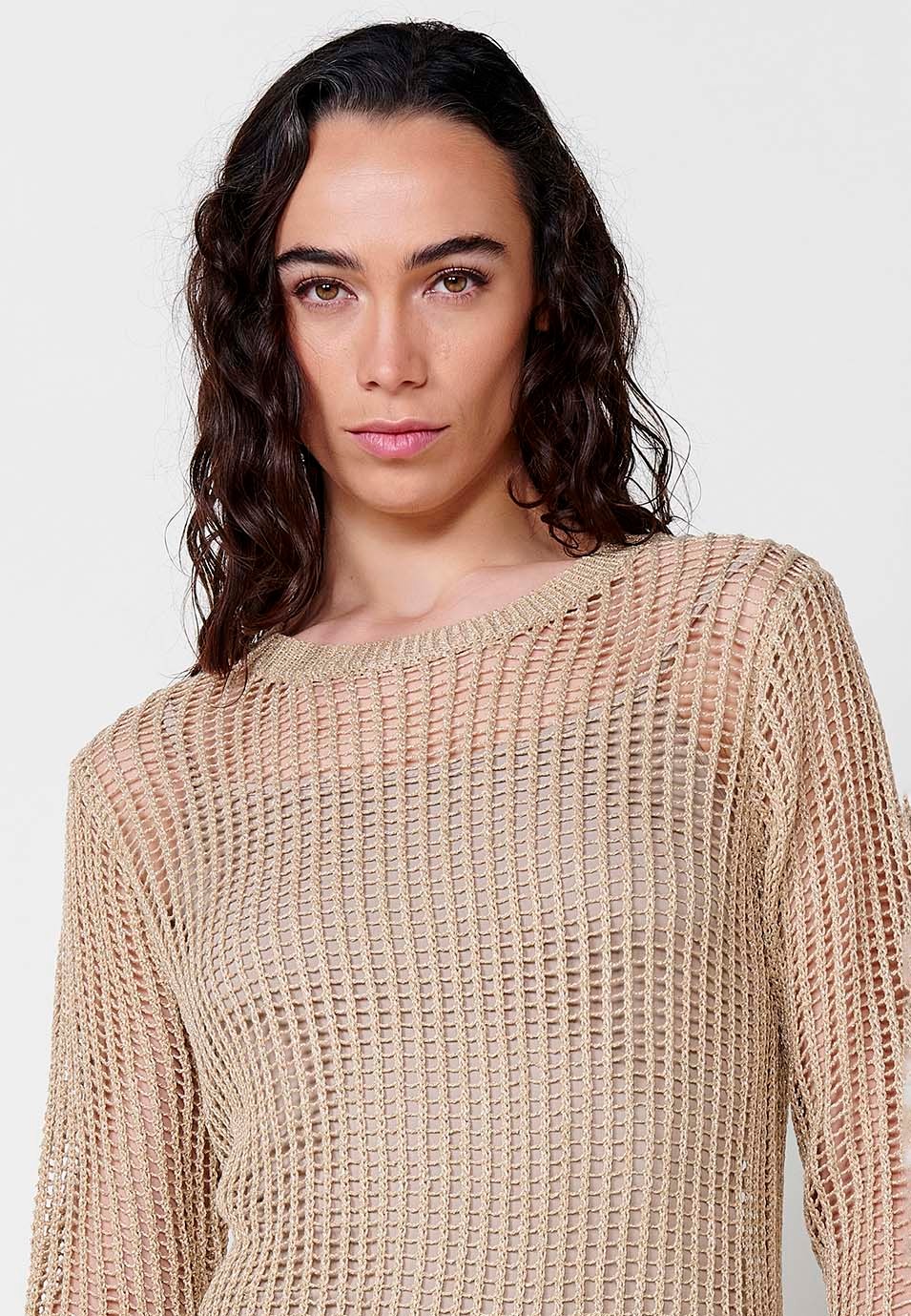 Pull en tricot à manches longues et col rond pour femme de couleur camel 5