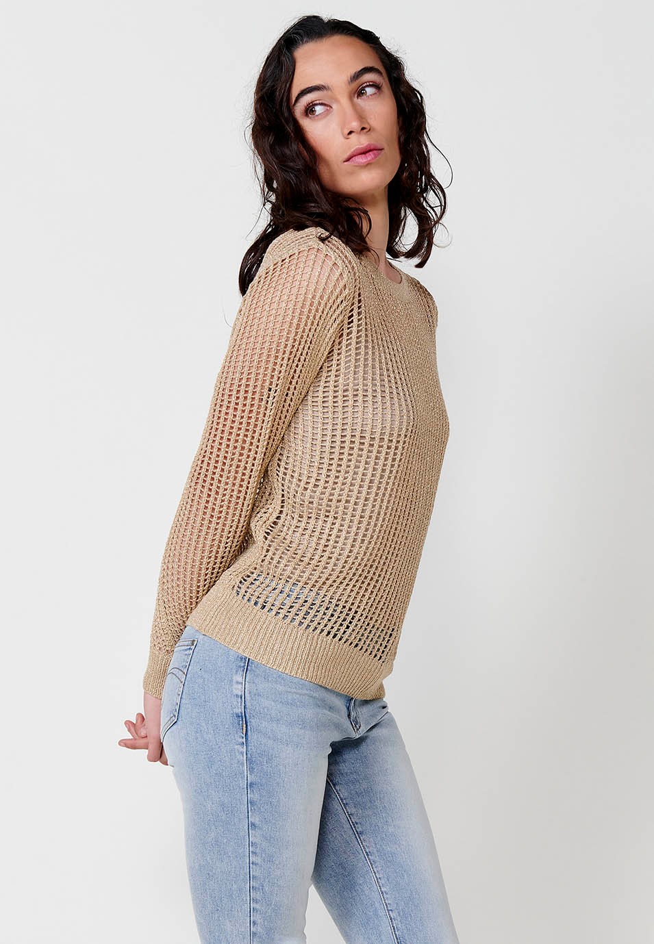 Pull en tricot à manches longues et col rond pour femme de couleur camel 6