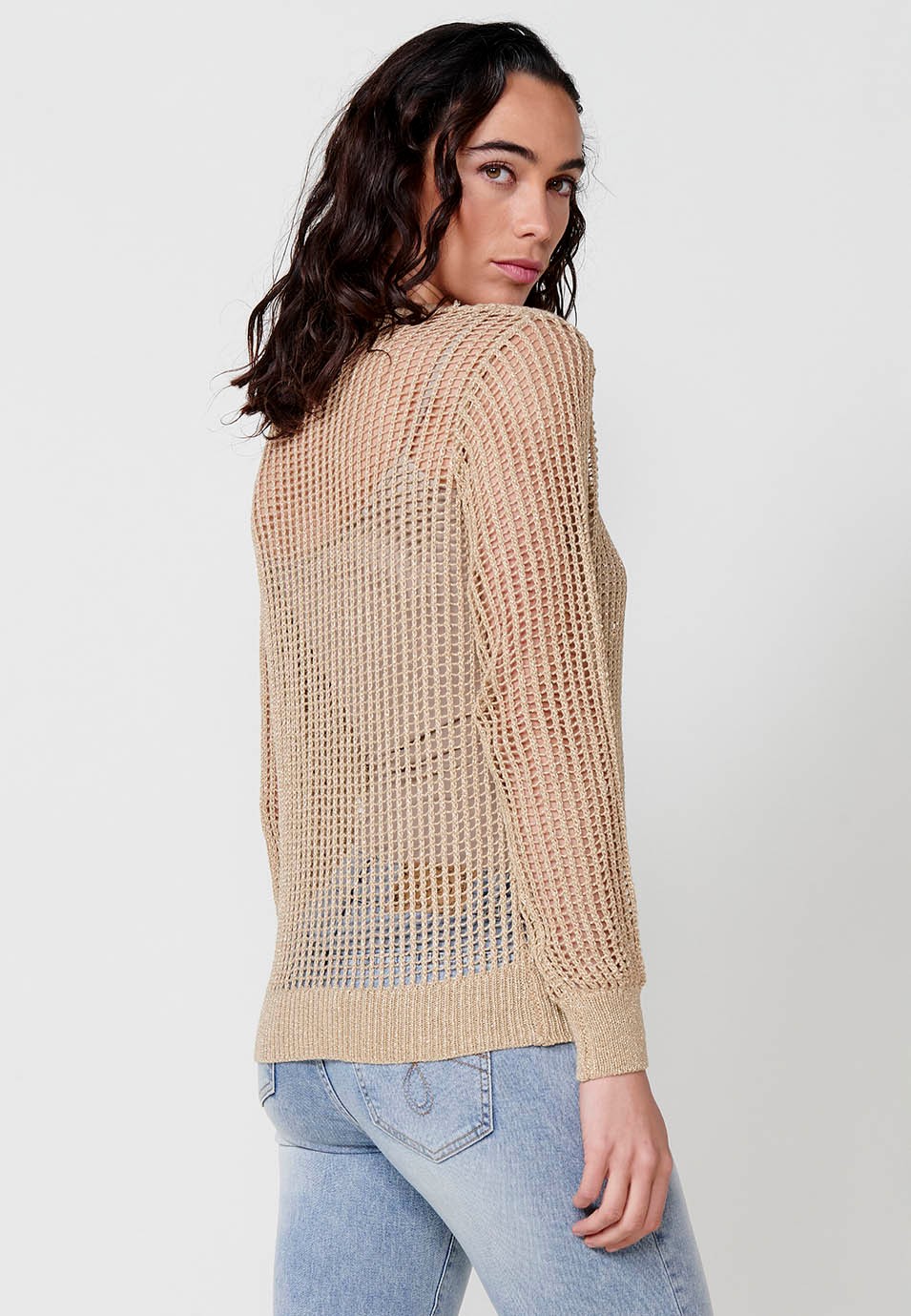 Pull en tricot à manches longues et col rond pour femme de couleur camel 4