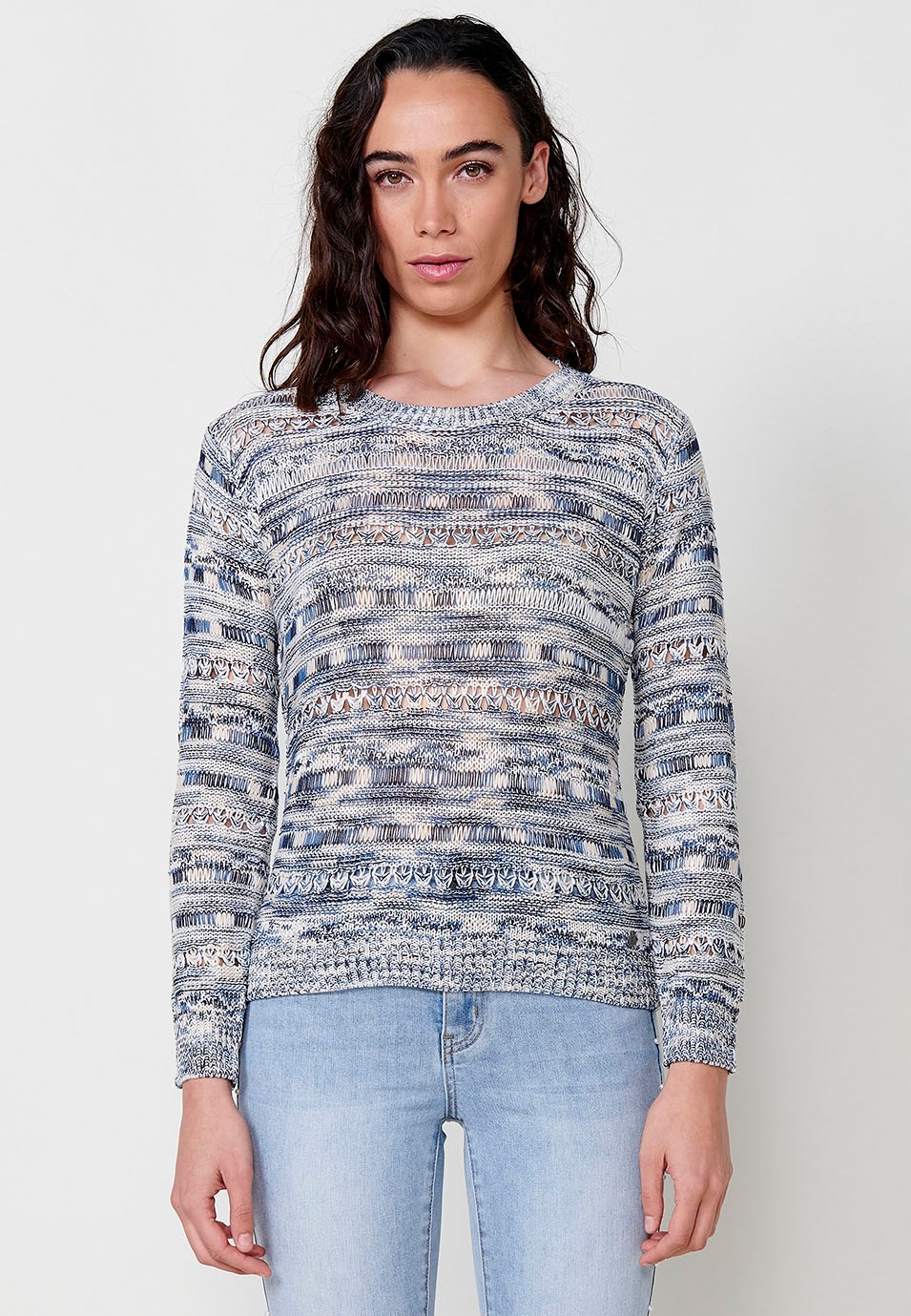 Women's blue long-sleeved round-neck knit sweater 3