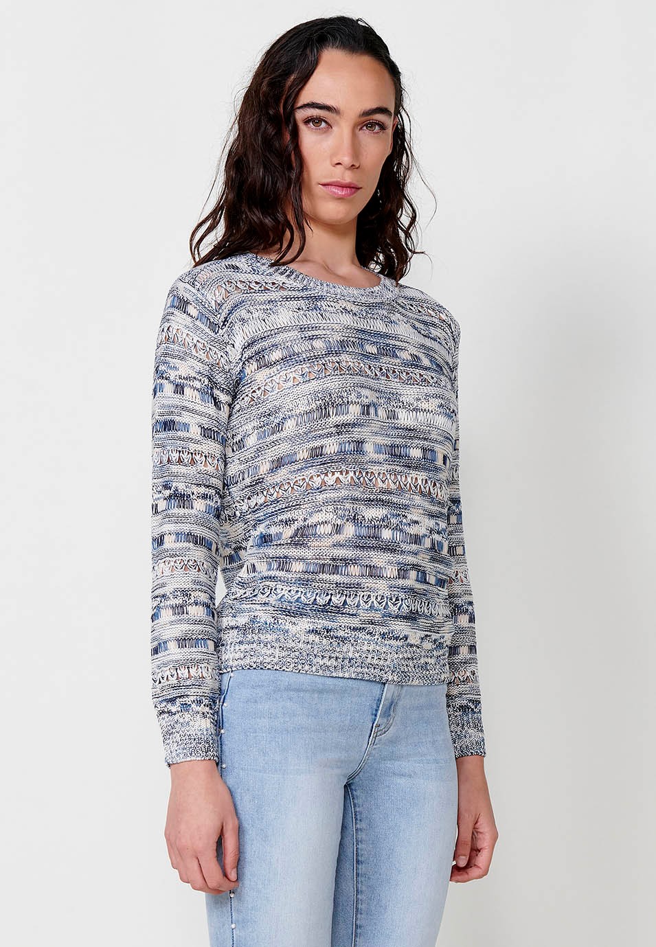 Women's blue long-sleeved round-neck knit sweater 2