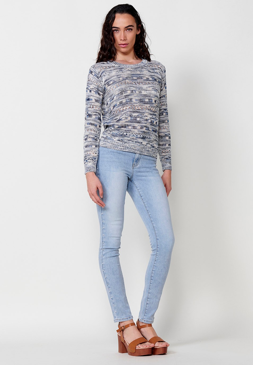 Women's blue long-sleeved round-neck knit sweater 5