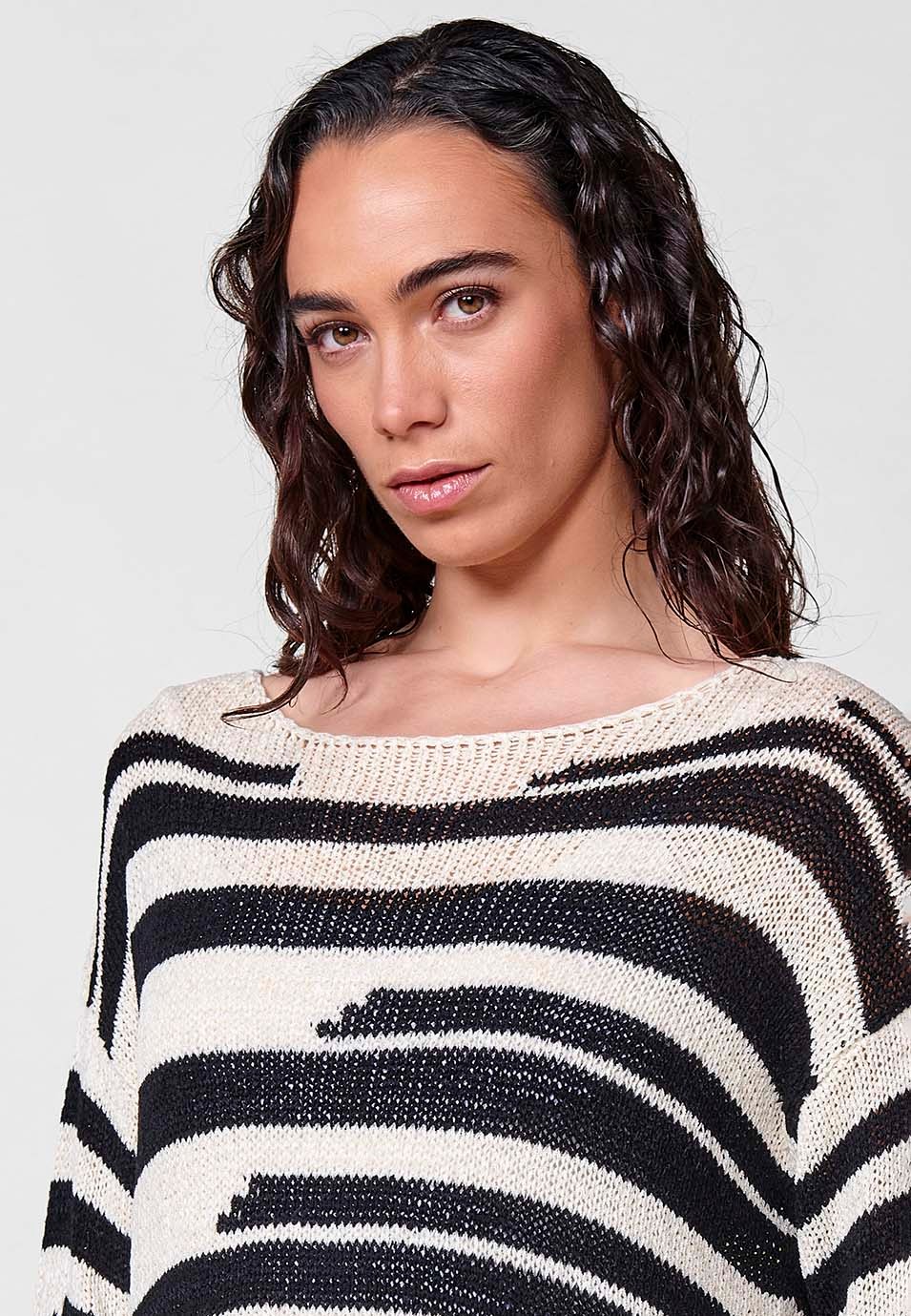 Pull col bateau en tricot à manches longues pour femme en beige 6