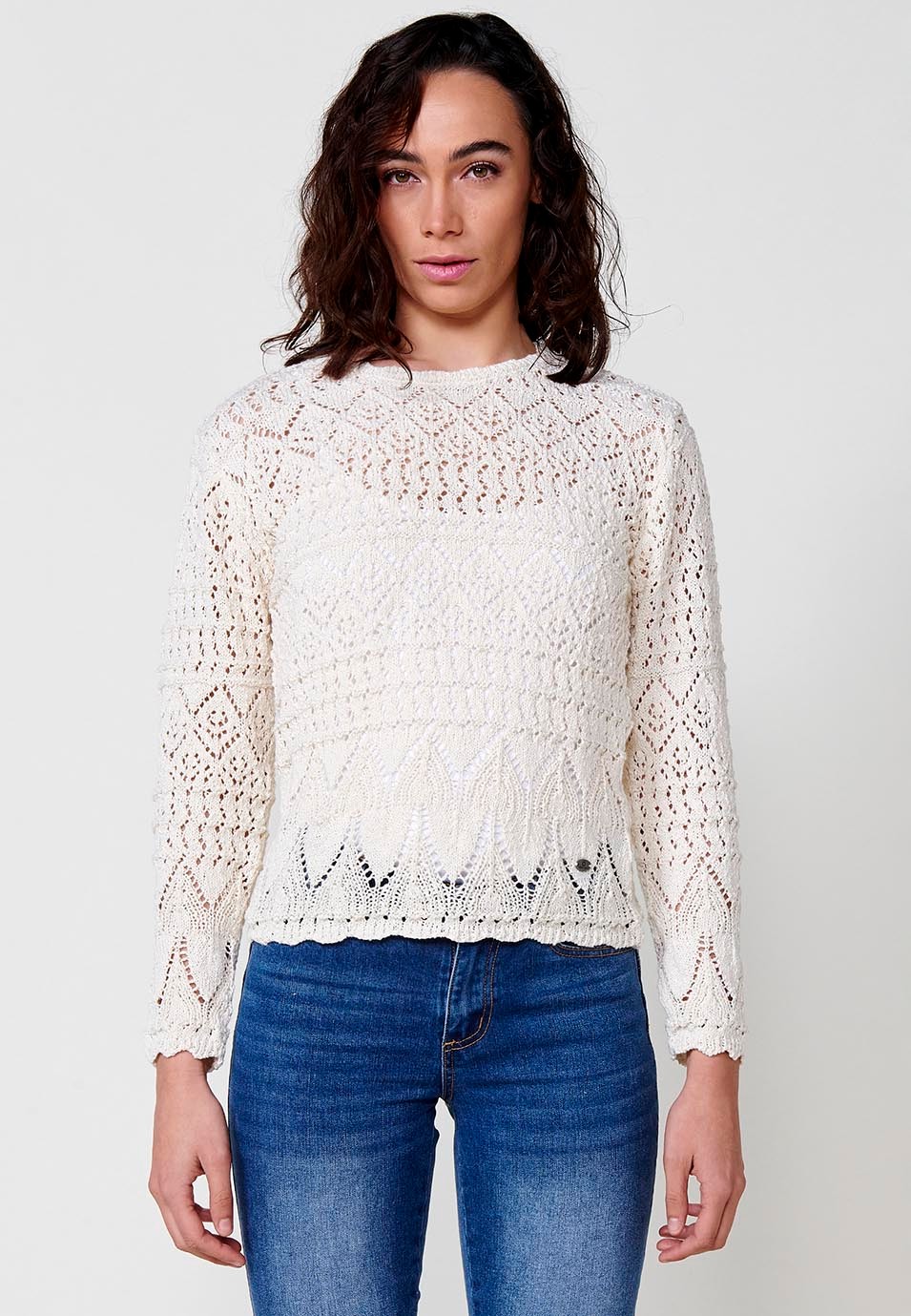 Pull col bateau en tricot à manches longues pour femme de couleur écru 6