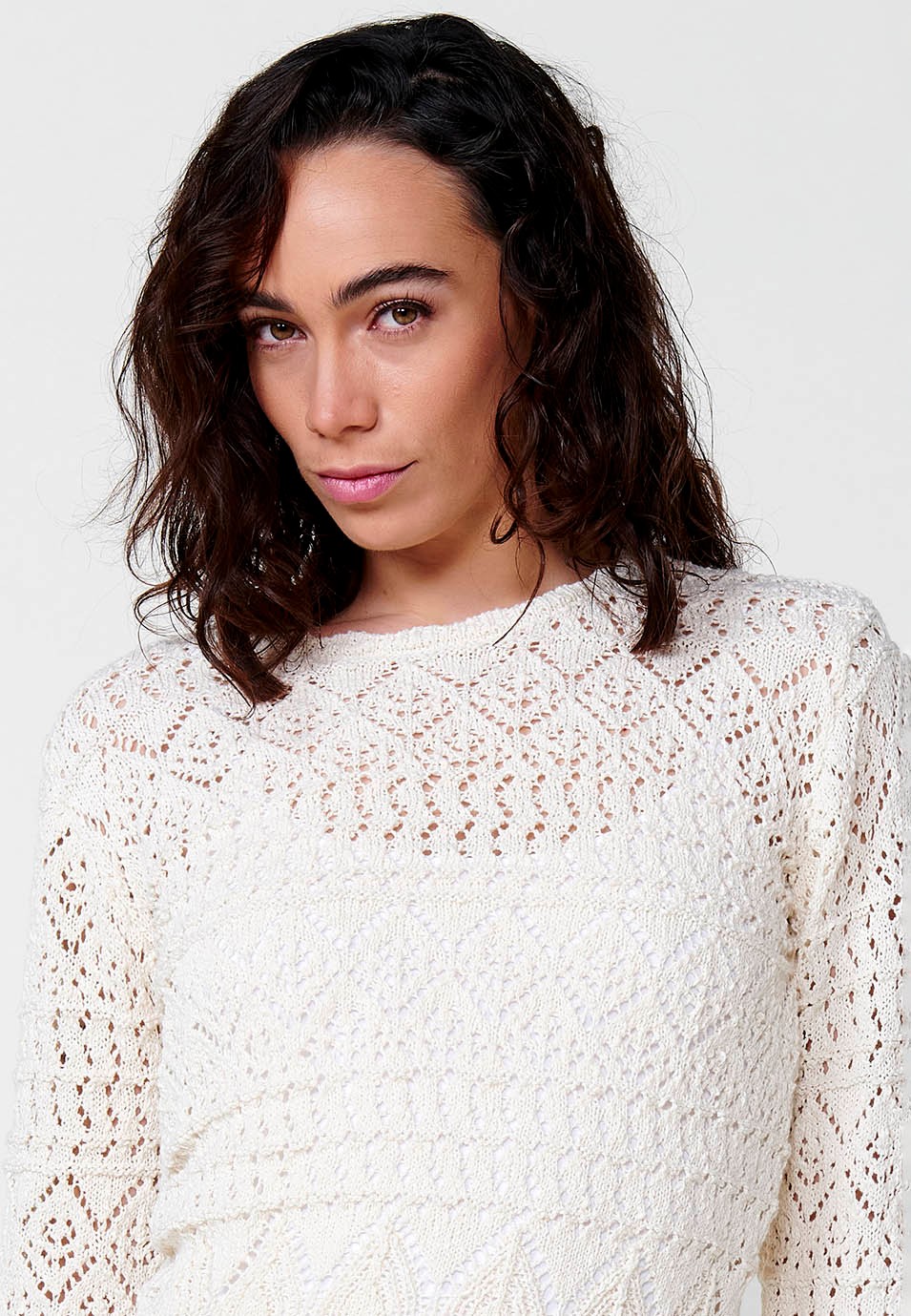 Pull col bateau en tricot à manches longues pour femme de couleur écru 3