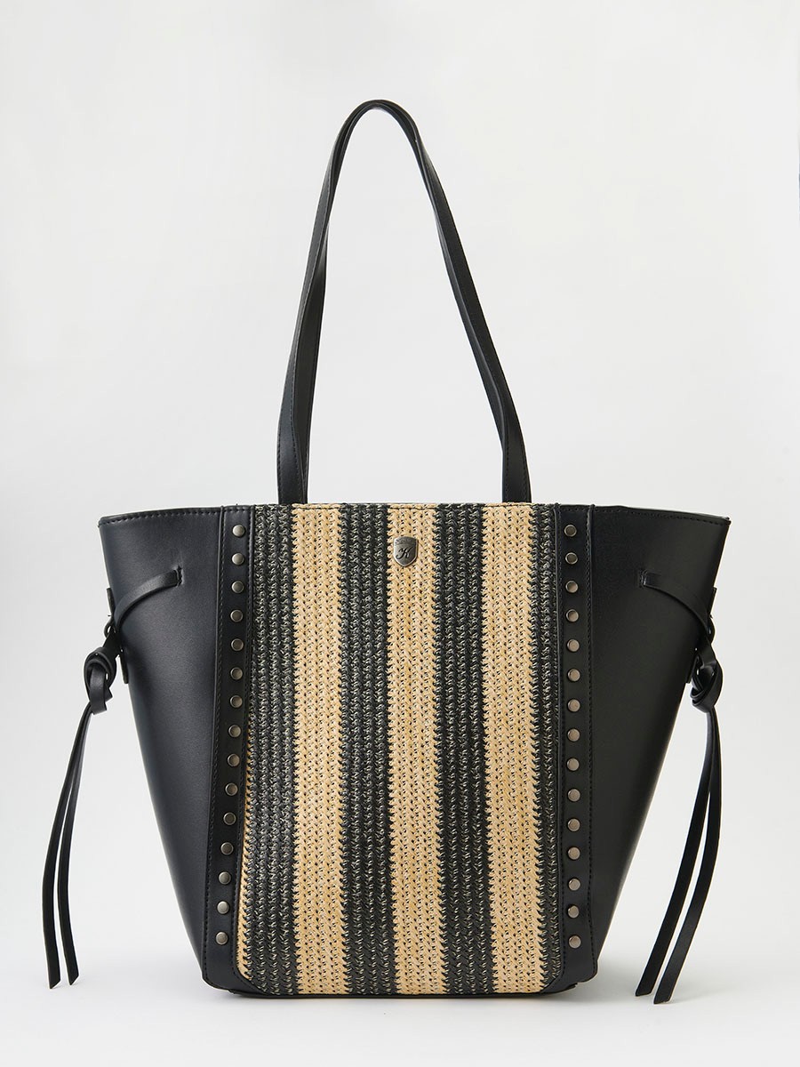 Bolso shopper efecto piel con Tejido en contraste efecto yute con cenefa lateral de tachuelas metálicas y Asas de hombro corta de color Negro para Mujer