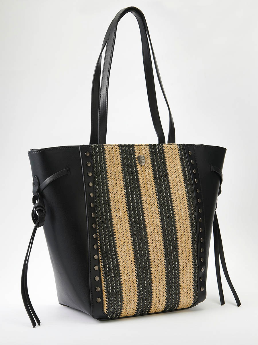 Bolso shopper efecto piel con Tejido en contraste efecto yute con cenefa lateral de tachuelas metálicas y Asas de hombro corta de color Negro para Mujer