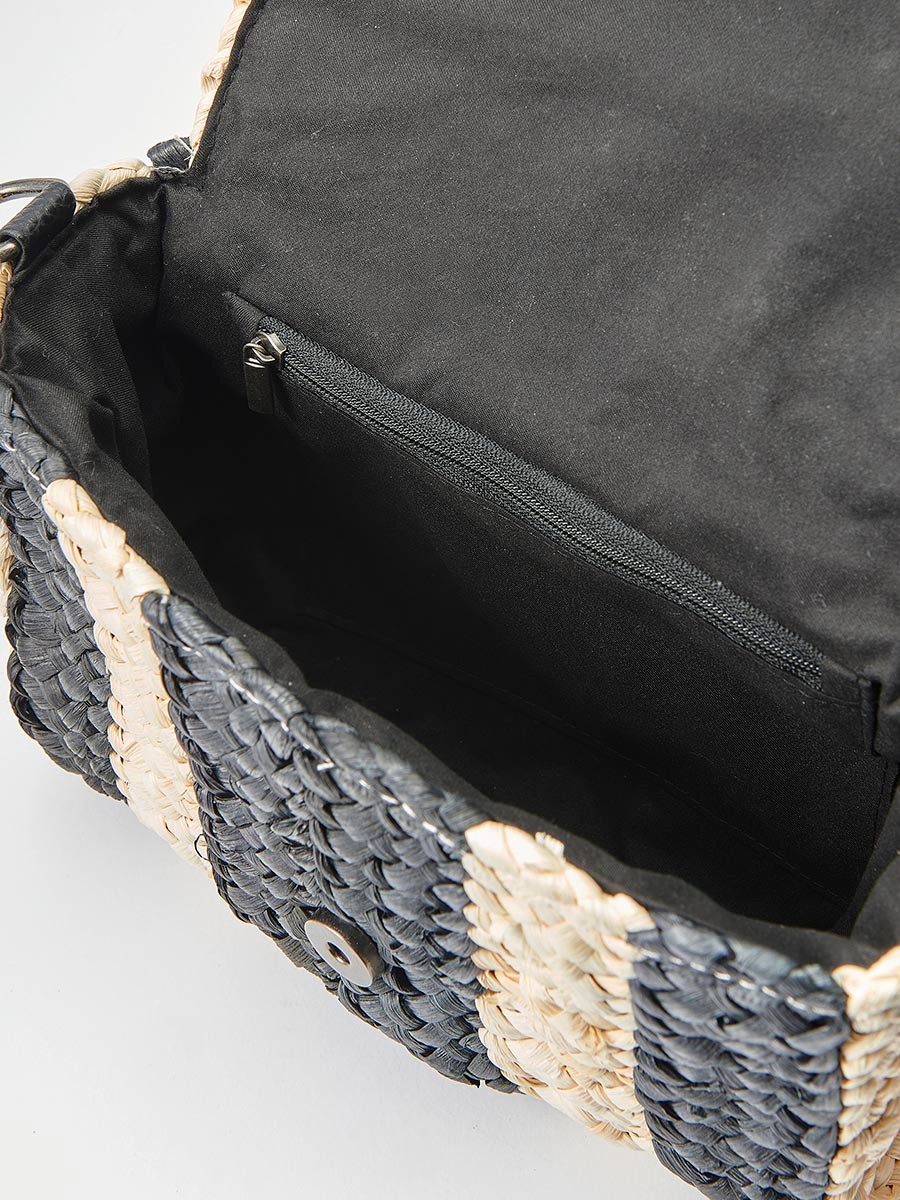 Bolso tipo bandolera efecto yute convertible en cartera con Asas larga de hombro efecto piel extraíble con Cierre mediante imán de color Negro para Mujer