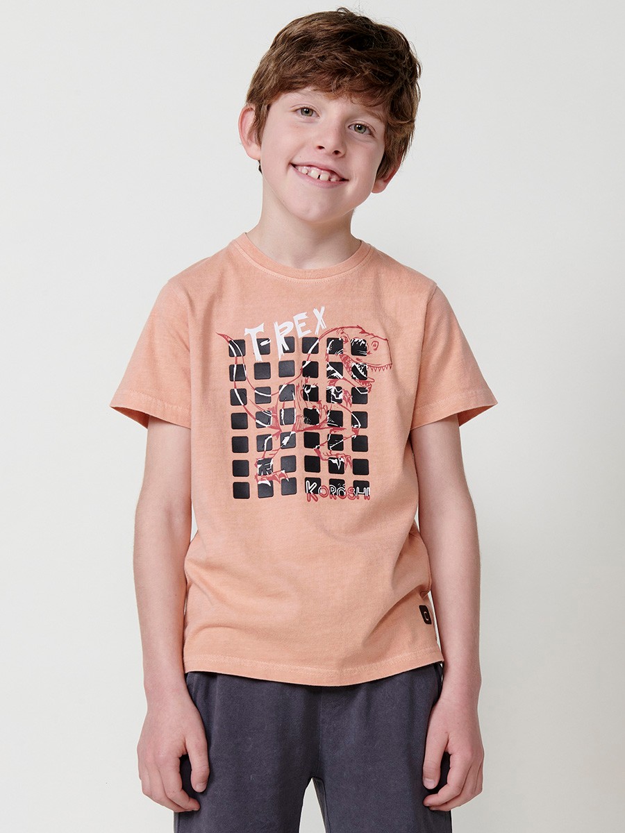 Camiseta de Manga Corta con Estampado Frontal en Color Naranja para Niño