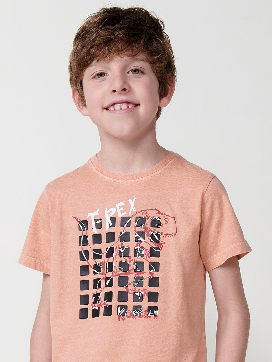 Camiseta de Manga Corta con Estampado Frontal en Color Naranja para Niño