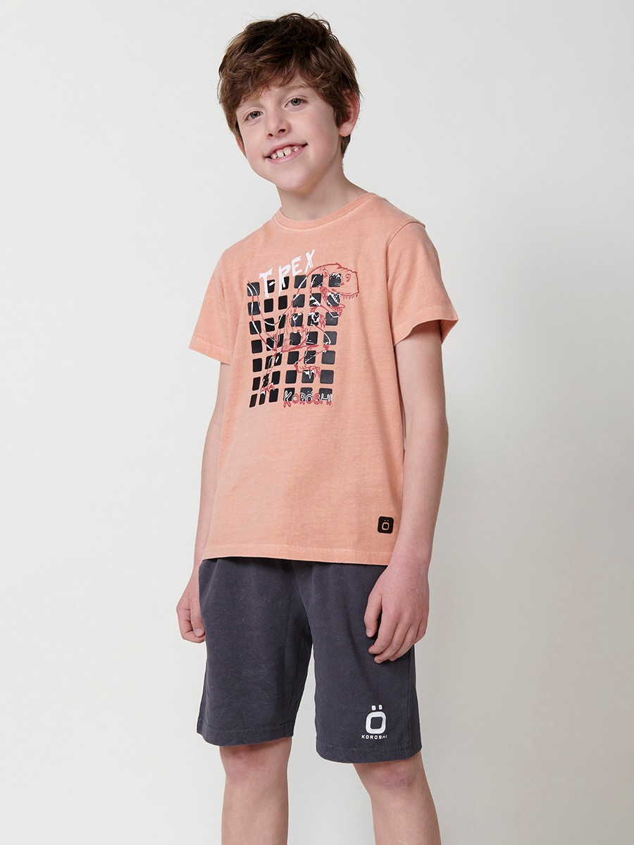 Camiseta de Manga Corta con Estampado Frontal en Color Naranja para Niño