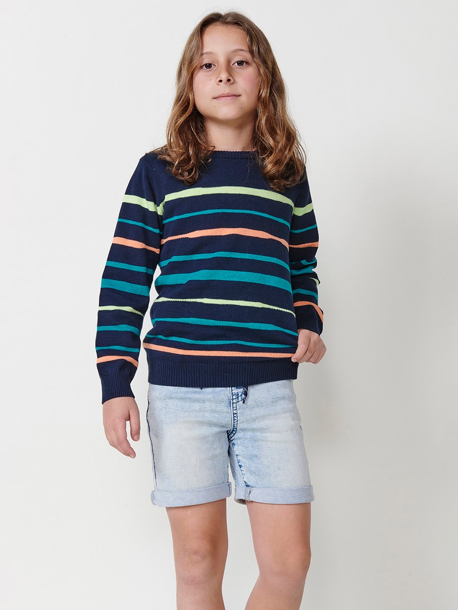 Jersey Tricot de Algodón con Rayas y Cuello Redondo en Azul Navy para Niño