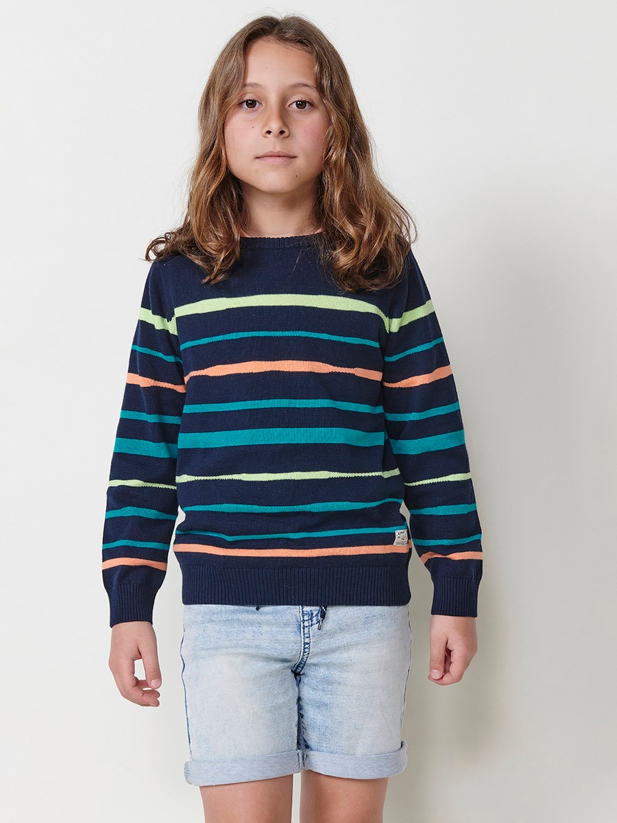 Jersey Tricot de Algodón con Rayas y Cuello Redondo en Azul Navy para Niño