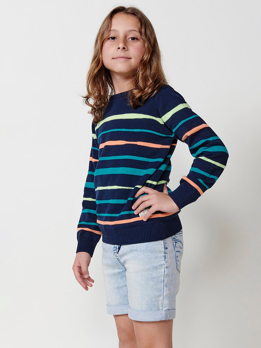 Jersey Tricot de Algodón con Rayas y Cuello Redondo en Azul Navy para Niño