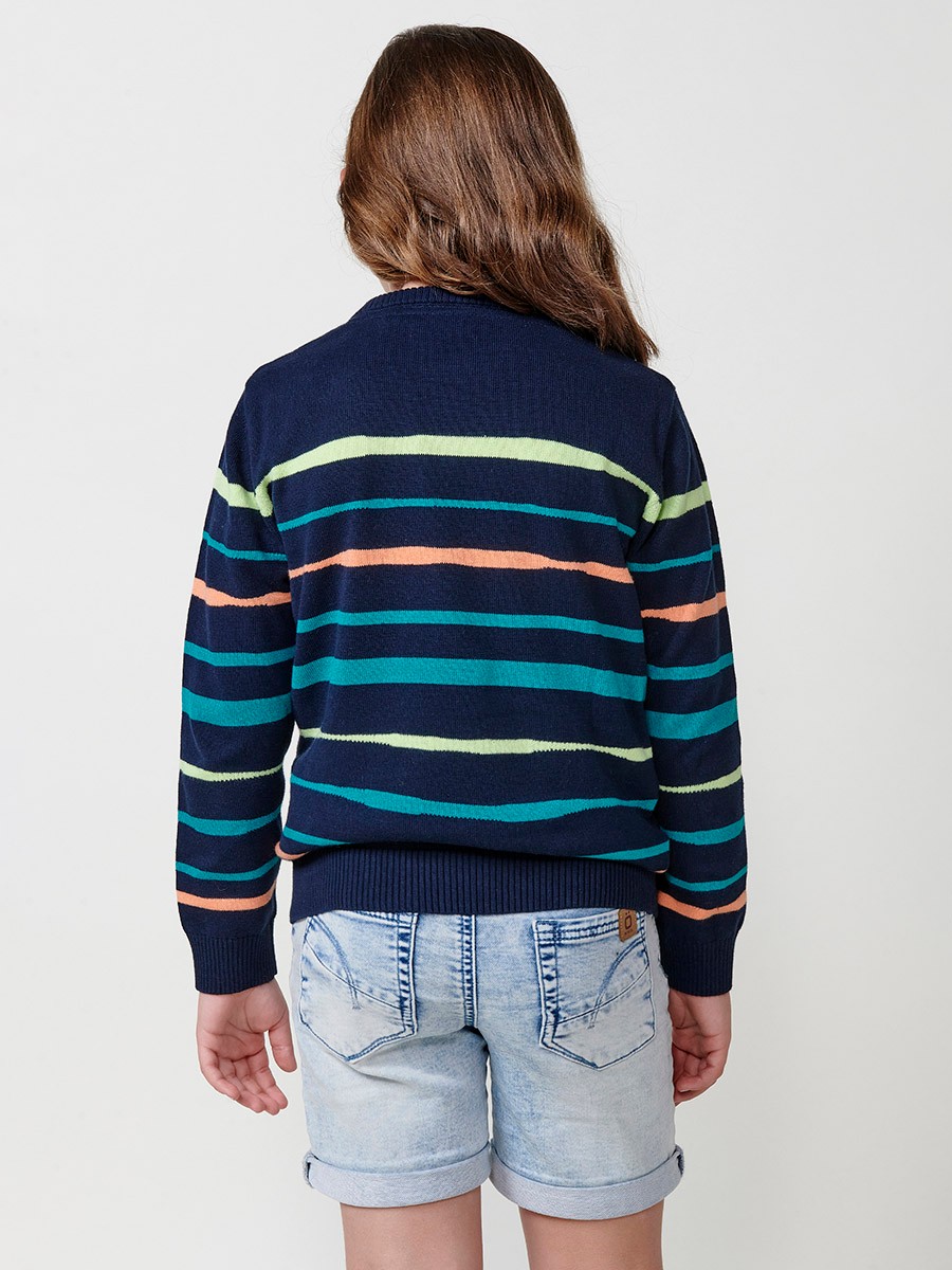 Jersey Tricot de Algodón con Rayas y Cuello Redondo en Azul Navy para Niño