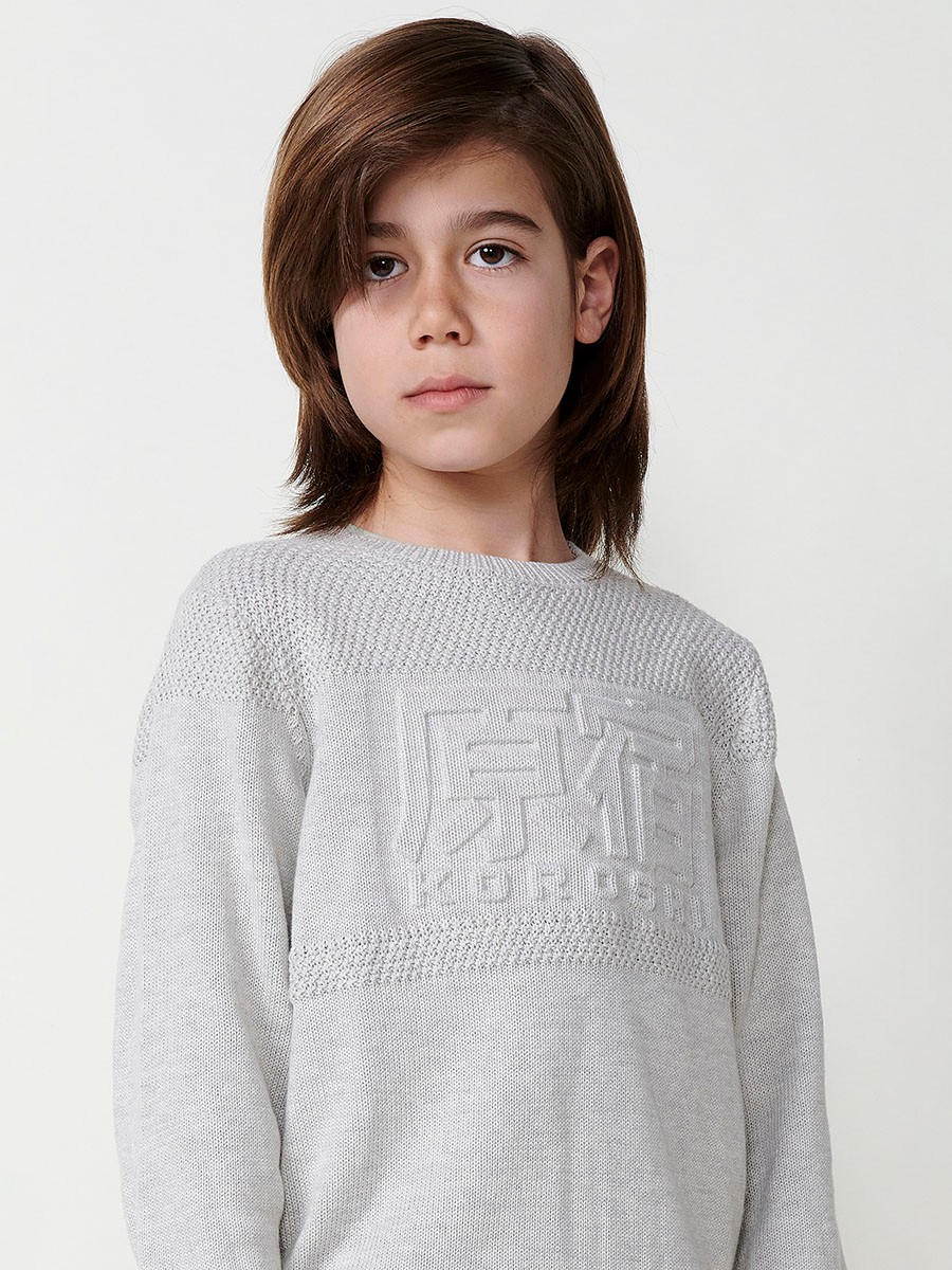 Kids' Cotton Knit Sweater with Long Sleeves and Round Neck in Off-White 4