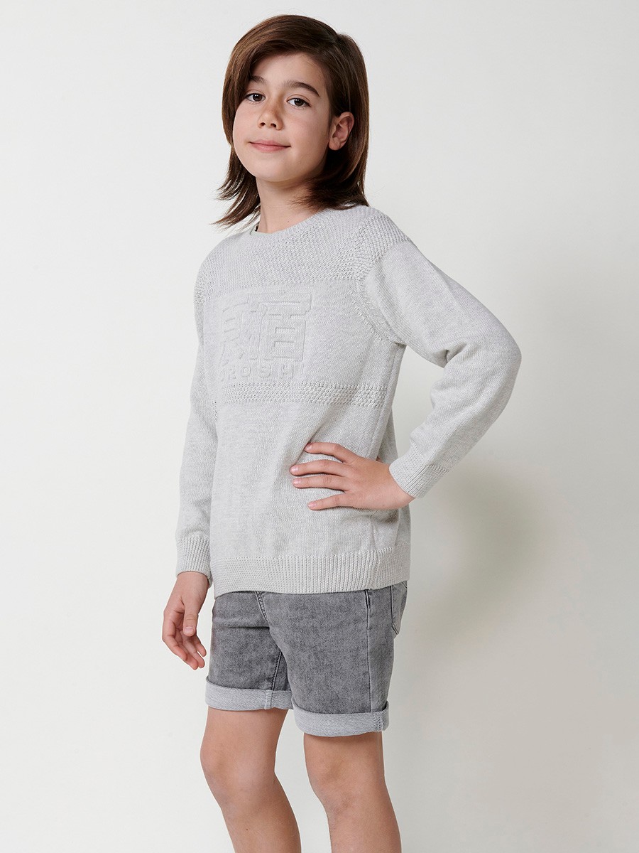 Kids' Cotton Knit Sweater with Long Sleeves and Round Neck in Off-White 2