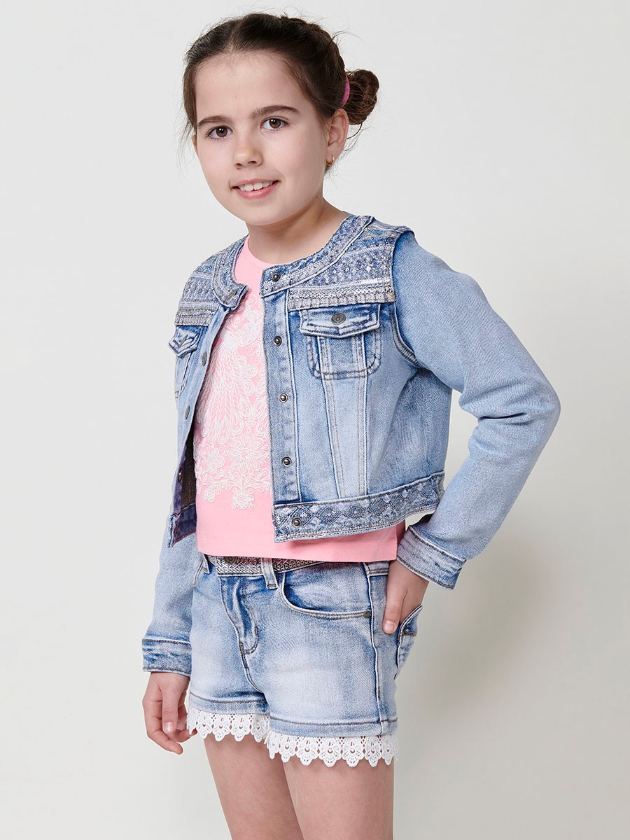 Chaqueta Denim de Manga Larga con Cuello Redondo y Detalles de Brillos en Azul