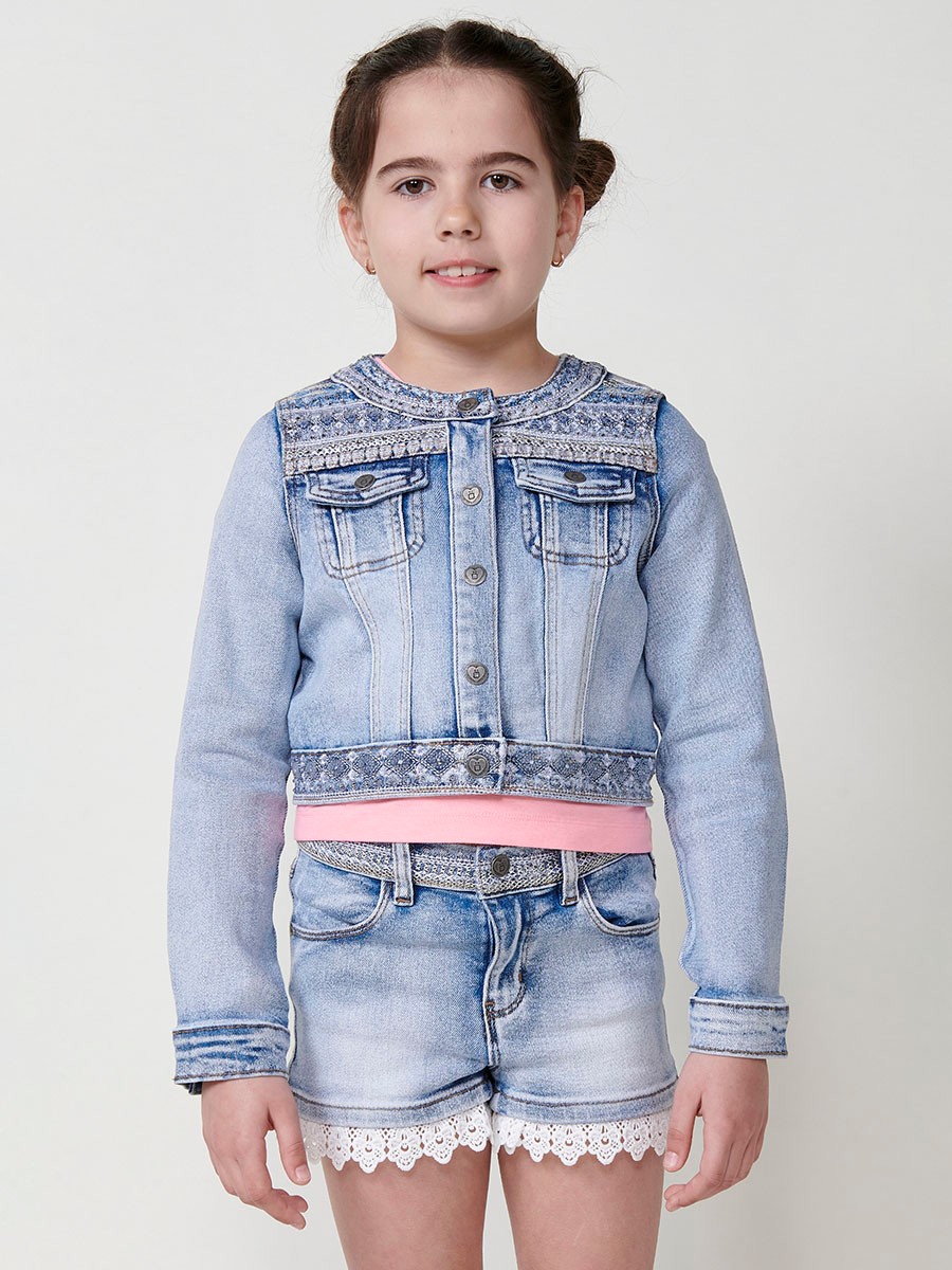 Chaqueta Denim de Manga Larga con Cuello Redondo y Detalles de Brillos en Azul 2