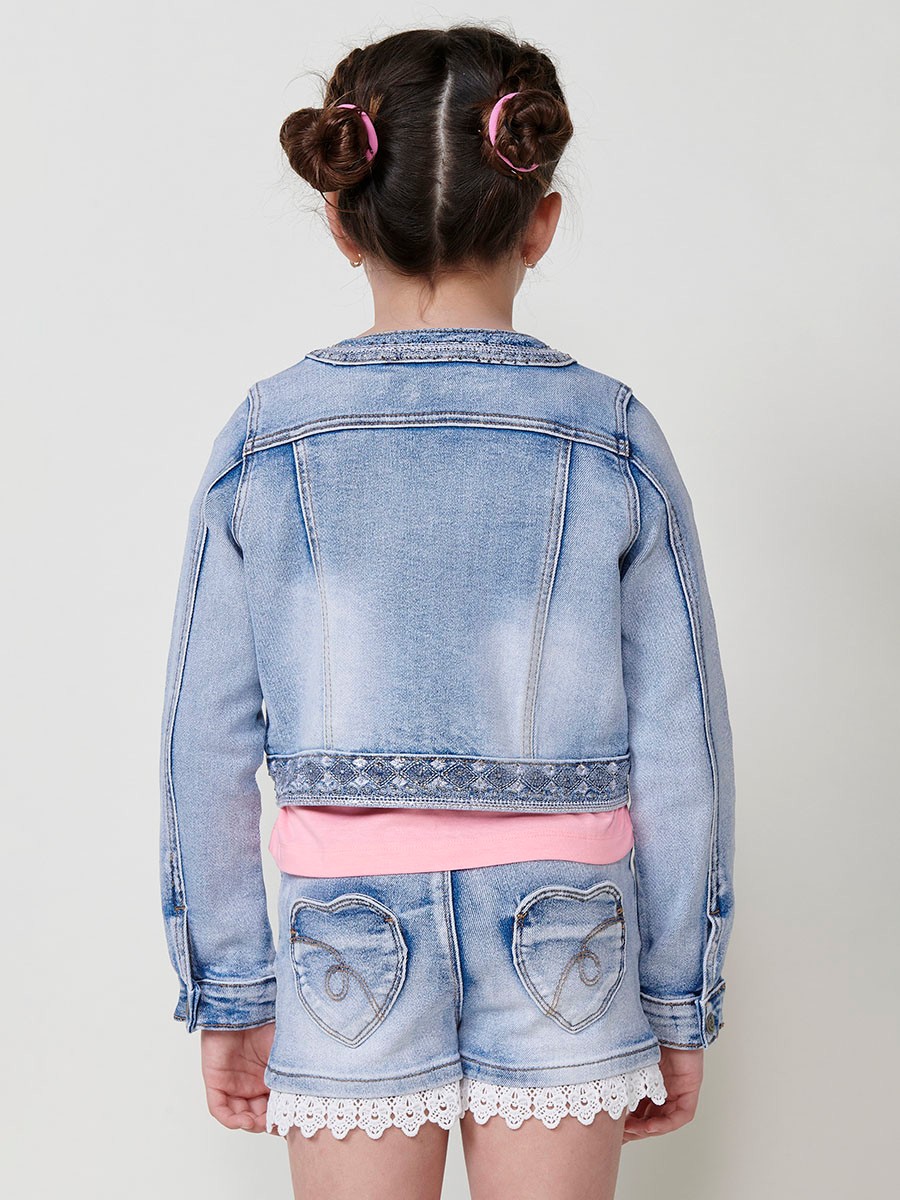 Chaqueta Denim de Manga Larga con Cuello Redondo y Detalles de Brillos en Azul 6