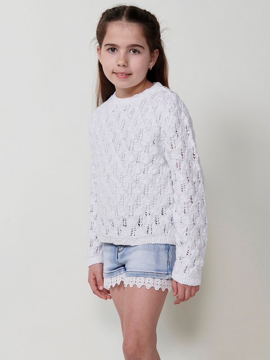 Girls' Knit Sweater with Round Neck in White and Metallic Fiber