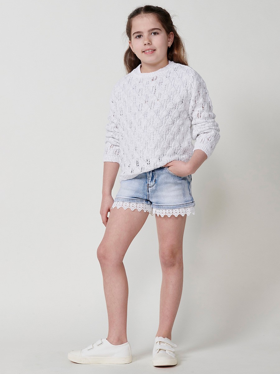 Girls' Knit Sweater with Round Neck in White and Metallic Fiber 2