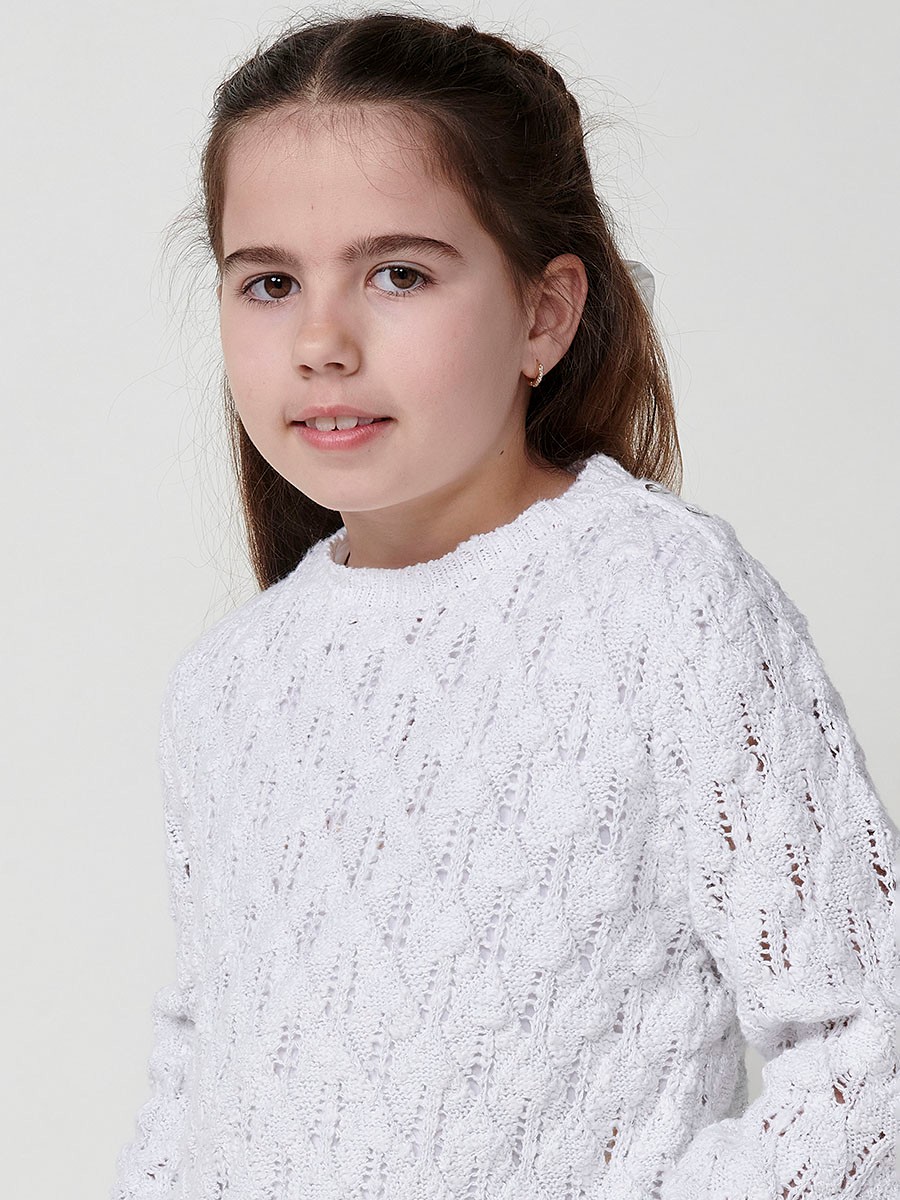 Girls' Knit Sweater with Round Neck in White and Metallic Fiber 1