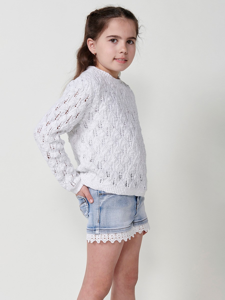 Girls' Knit Sweater with Round Neck in White and Metallic Fiber 3