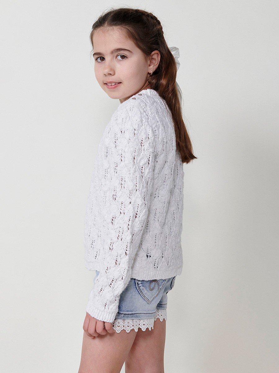 Girls' Knit Sweater with Round Neck in White and Metallic Fiber 6