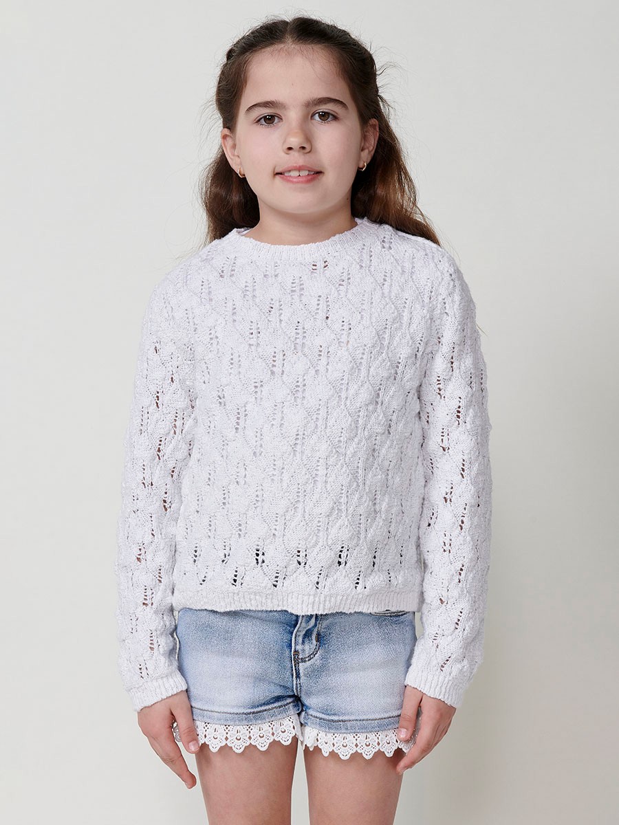 Girls' Knit Sweater with Round Neck in White and Metallic Fiber 7