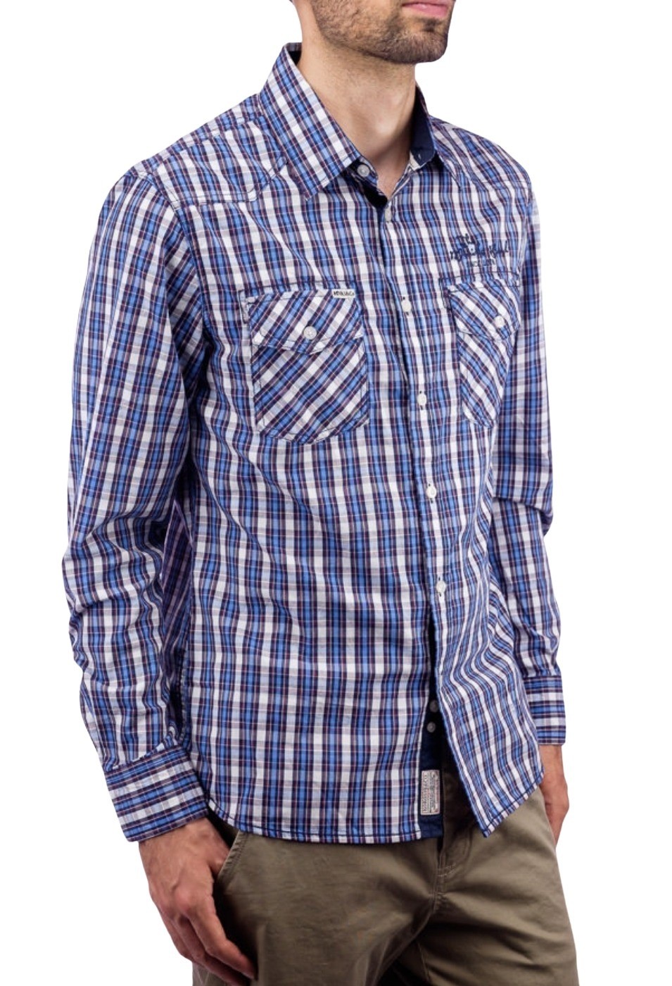 Camisa Manga Larga algodón a cuadros de color Azul para Hombre