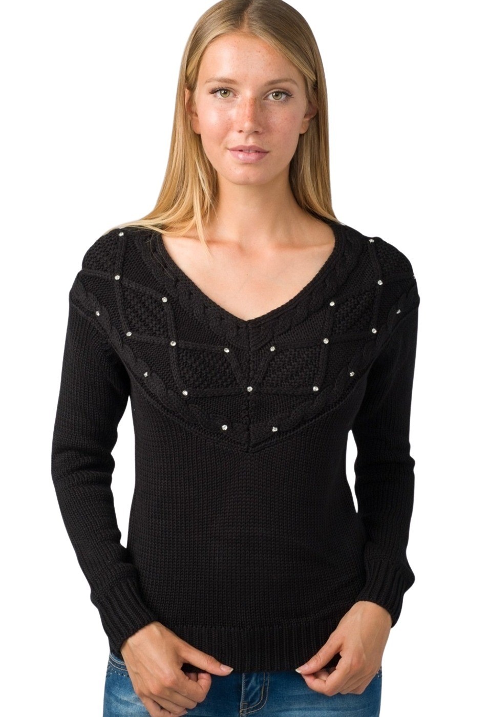 Jersey tricot trenzado cuello pico color Negro para Mujer