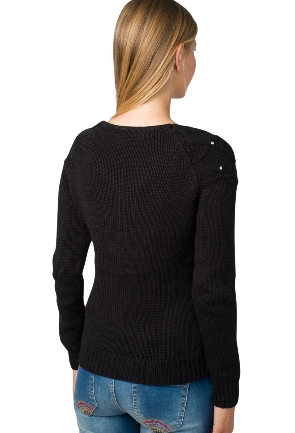 Jersey tricot trenzado cuello pico color Negro para Mujer