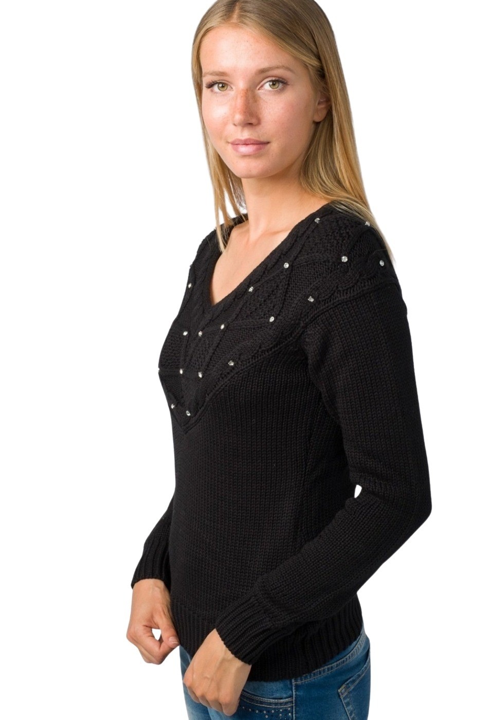 Jersey tricot trenzado cuello pico color Negro para Mujer