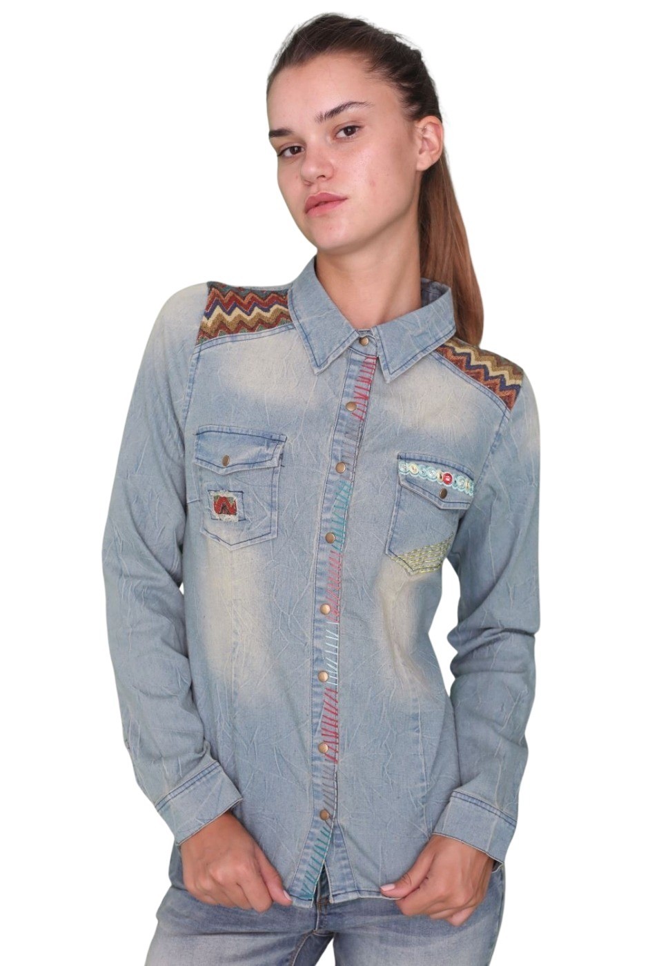 Camisa denim manga larga de Algodón con detalles étnicos color Azul para Mujer