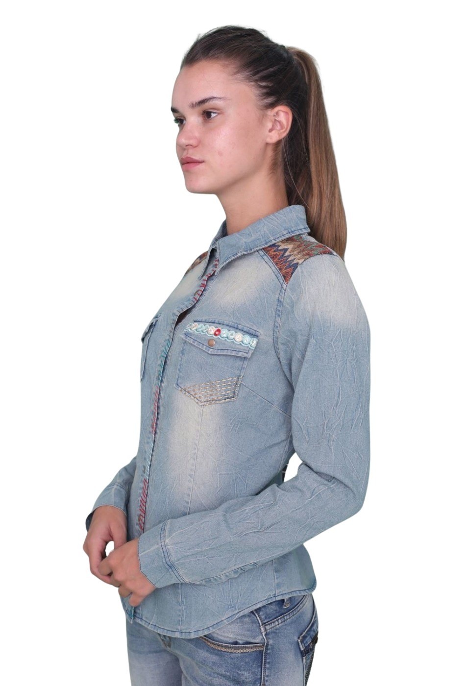 Camisa denim manga larga de Algodón con detalles étnicos color Azul para Mujer 2